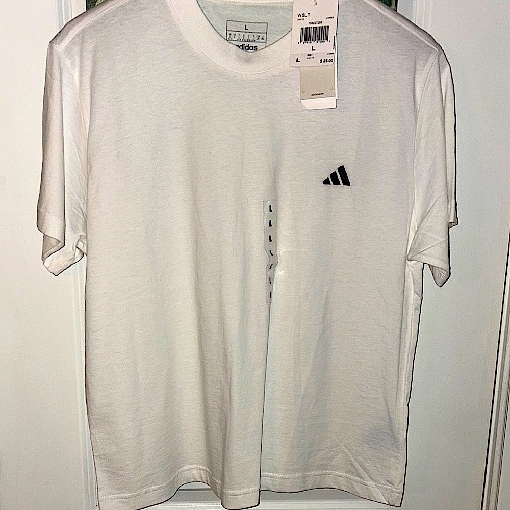 NWT- Adidas Classic Fit White Short Sleeve Tee Crew Neck Size Lg Women; sm men